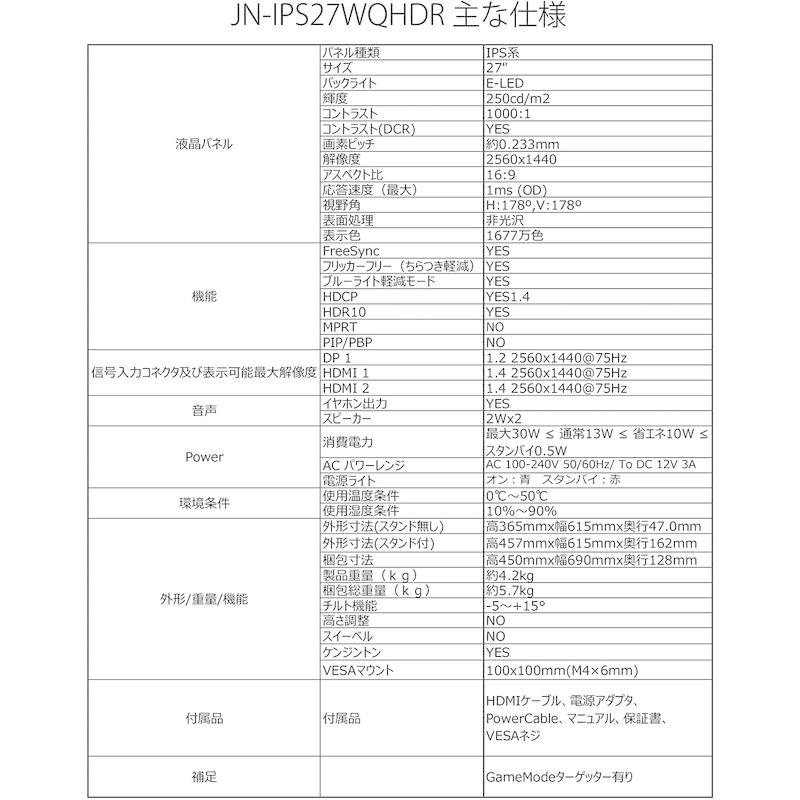 JAPANNEXT 27インチ WQHD(2560 x 1440) 液晶モニター JN-IPS27WQHDR HDMI DP :20220411094714-01203:ライフランド - 通販 - Yahoo!ショッピング JAPANNEXT 27インチ WQHD(2560 x 1440) 液晶モニター JN-IPS27WQHDR HDMI DP :20220411094714-01203:ライフランド - 通販 - Yahoo!ショッピング