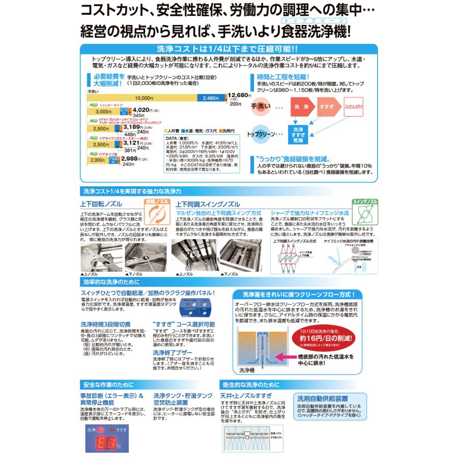 エコタイプ食器洗浄機　マルゼン　MDKLT8E　単相100V　幅600×奥行600×高さ800(mm)　トップクリーン　100V貯湯タンク内蔵型　アンダーカウンタータイプ　業務用