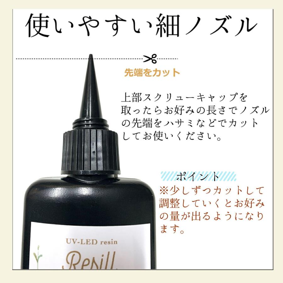 レジン液 大容量 UVレジン液 UV-LED Resill レジル さらり（低粘度） クリア 100g ×2個セット 日本製 高品質 DIY アクセサリー レジンアートハンドメイド｜life-shop-mcm｜06