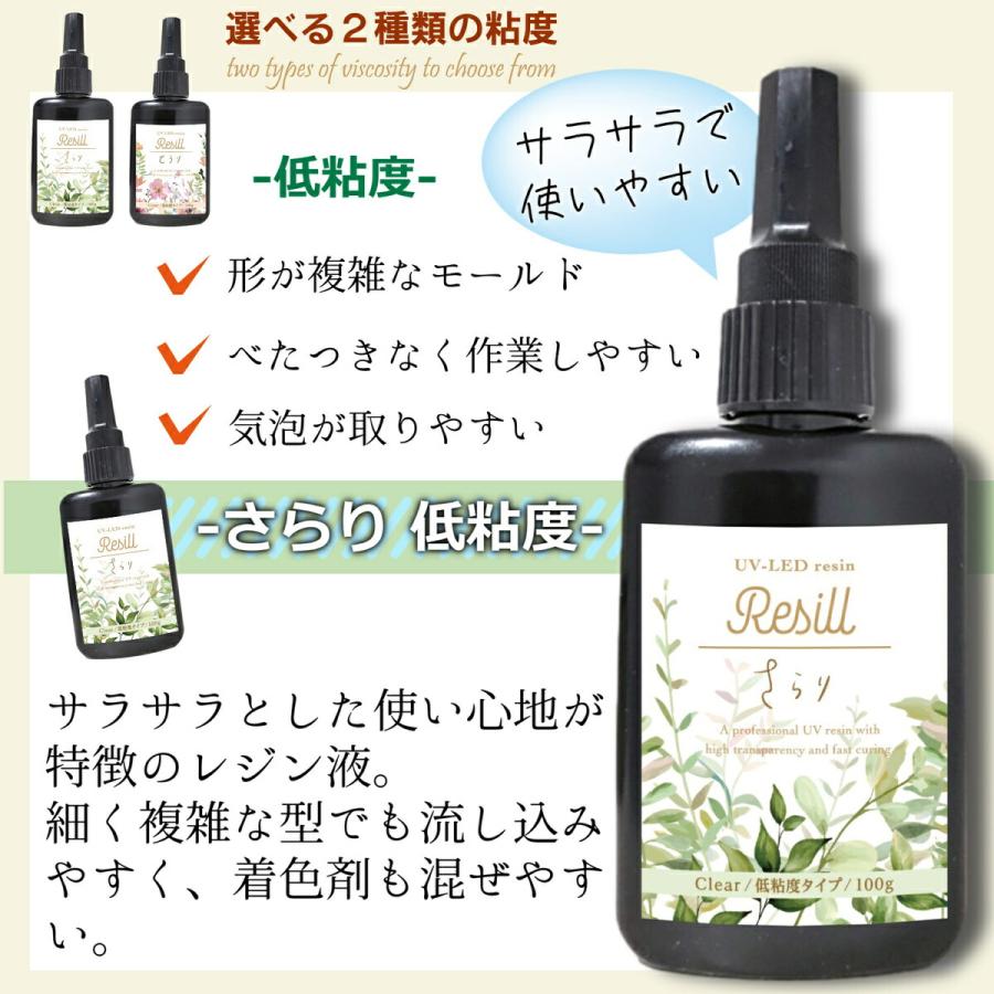 レジン液 大容量 UVレジン液 UV-LED Resill レジル さらり 低粘度 ＆ とろり 高粘度 セット クリア 100g 日本製 高品質 アクセサリー レジンアートハンドメイド｜life-shop-mcm｜03