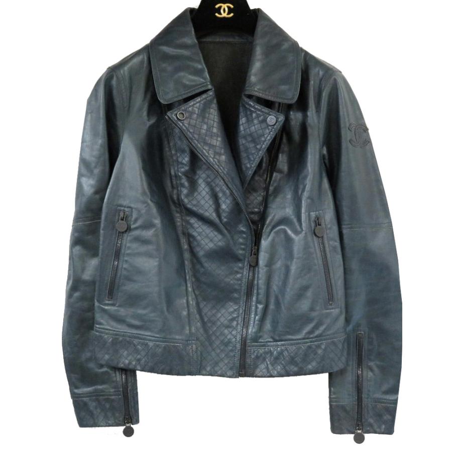 シャネル ライダース ファッション ダブル レザージャケット Pc ネイビー 40サイズ 0164 ネイビー Chanel ライダース レディース 2l0164g5