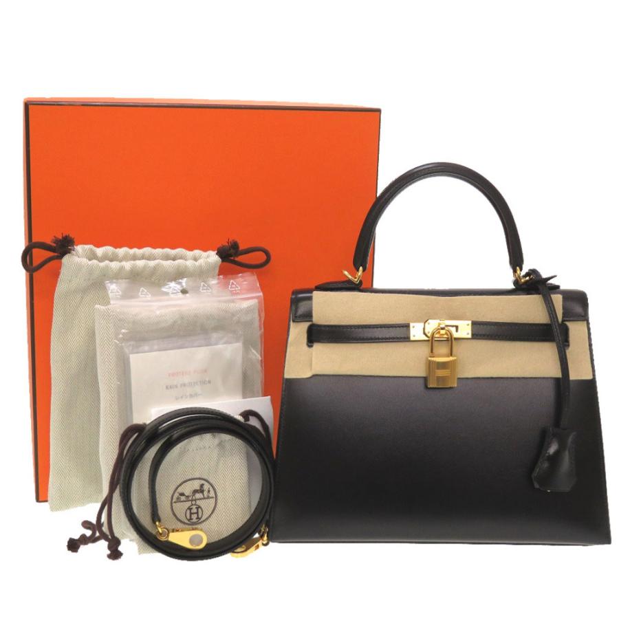 HERMES 未使用 エルメス ケリー25 外縫い ボックスカーフ ブラック 