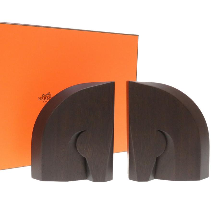 新品同様 エルメス ブックエンドセット ウッド トリヨンH ブラウン ルージュH 本立て 0110 HERMES_1