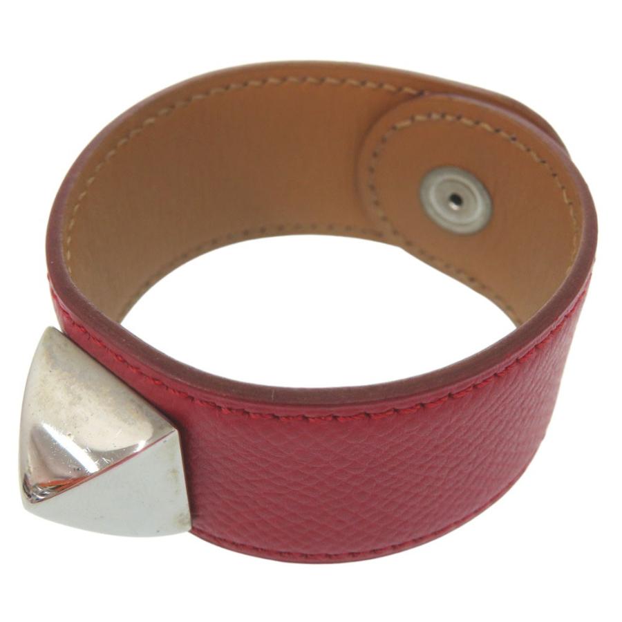 HERMES（エルメス） 美品 メドール バングル レザー メタル レッド D 