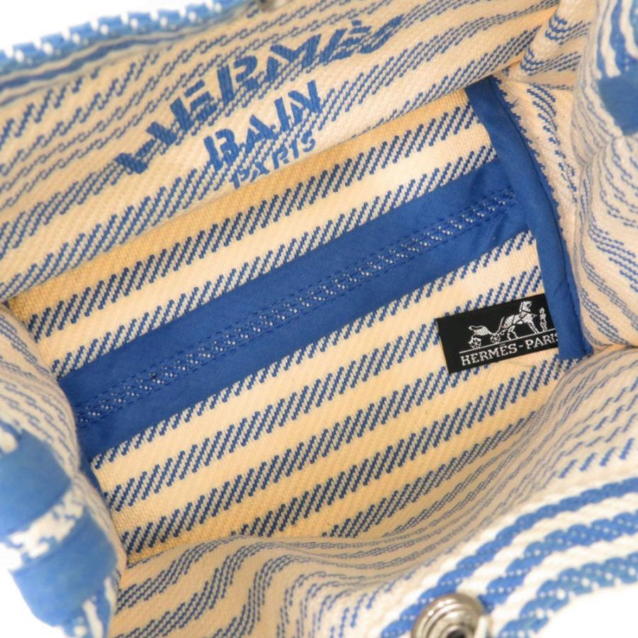 美品 エルメス ストライプ コットン アイボリー ブルー ポーチ 0453 HERMES_4