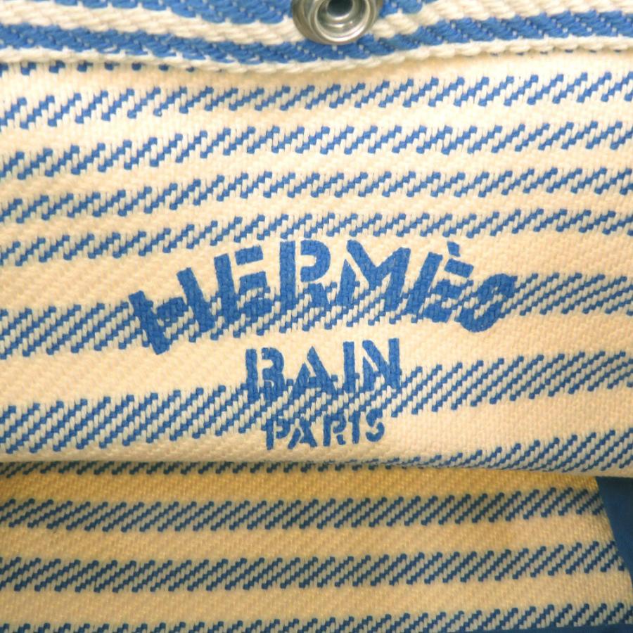 美品 エルメス ストライプ コットン アイボリー ブルー ポーチ 0453 HERMES_5