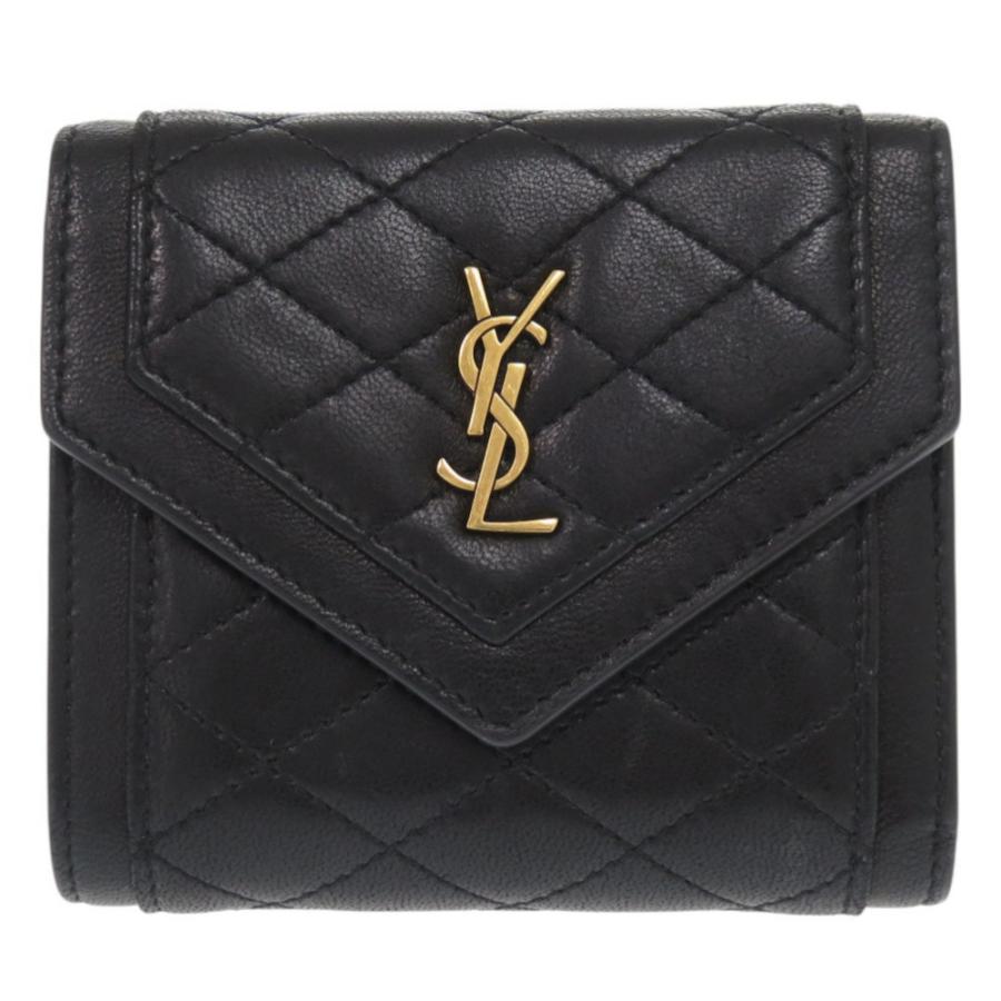 美品 サンローラン キルティング レザー ブラック 三つ折り財布 黒