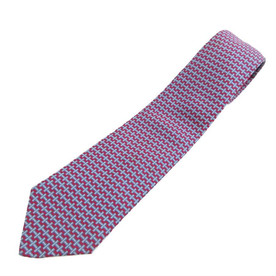 HERMES（エルメス） 新品同様 H柄 シルク ボルドー 水色 ネクタイ 0546