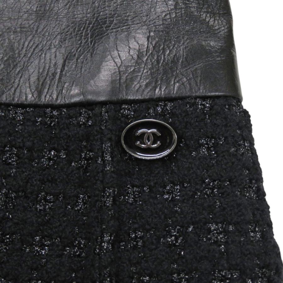 美品 シャネル ツイード P50251W05584 ウール レザー ブラック ワンピース 黒 0380 CHANEL_2