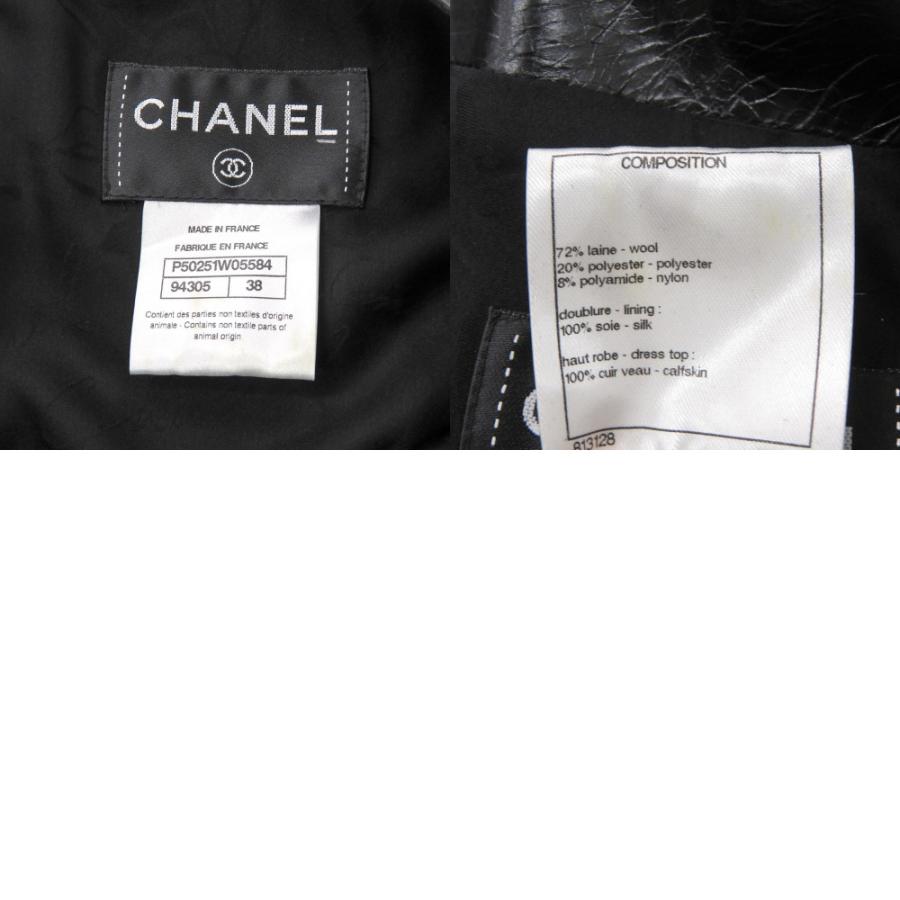 美品 シャネル ツイード P50251W05584 ウール レザー ブラック ワンピース 黒 0380 CHANEL_8