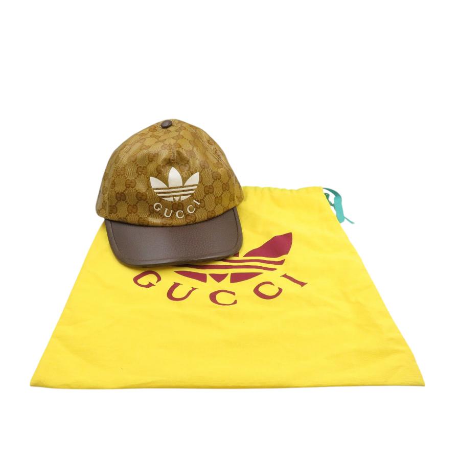 未使用 グッチ アディダス 696475 ナイロン レザー ブラウン M GGクリスタル ベースボールキャップ 帽子 0356 GUCCIの画像