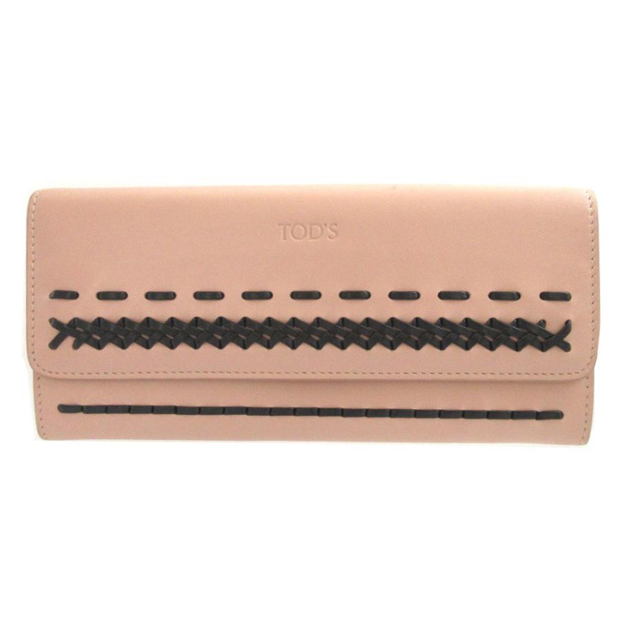 美品 トッズ レザー ピンク 2つ折り長財布 財布 0593【中古】TOD 
