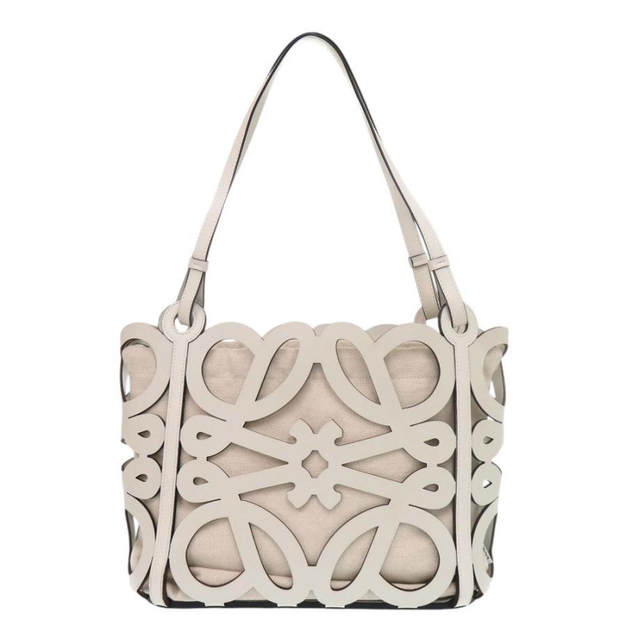 美品 ロエベ アナグラム カットアウト トート A922Q05X02 レザー キャンバス ホワイト トートバッグ 白 0326 LOEWEの画像
