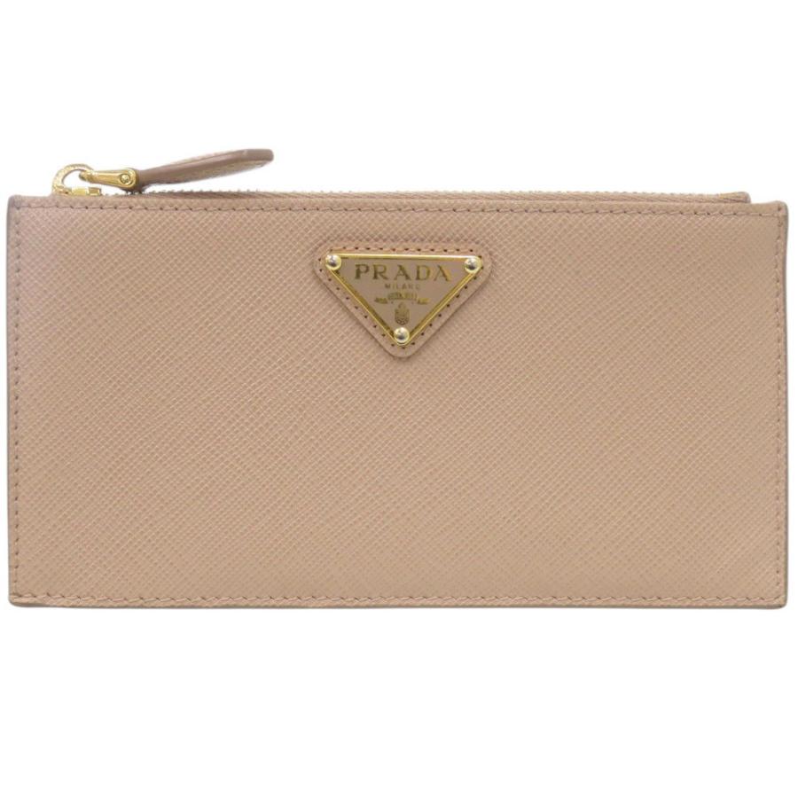 鑑定済み【 美品 】プラダ ケース ベージュ ゴールド金具 レザー 財布 PRADA（プラダ） サフィアーノトライアングル レザー ベージュ