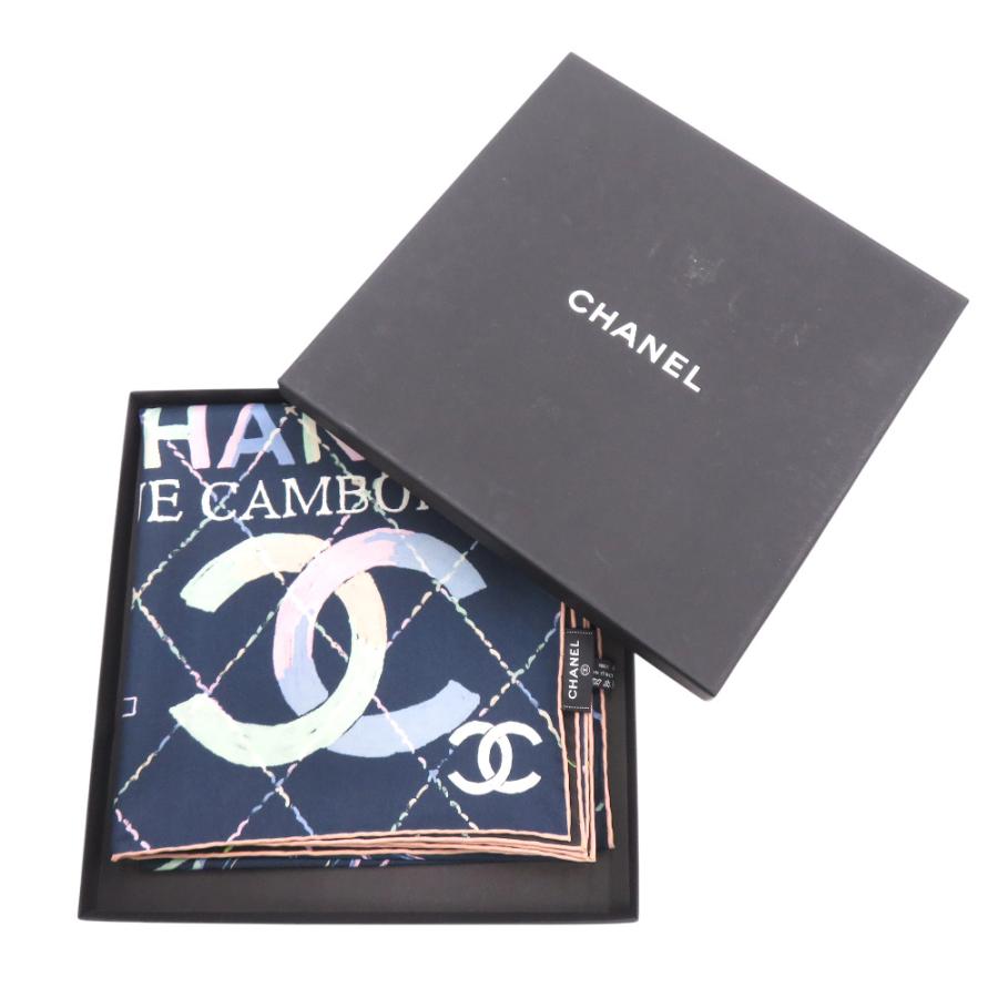 未使用 シャネル ココマーク カメリア スカーフ シルク ネイビー ブラック 1491 CHANELの画像