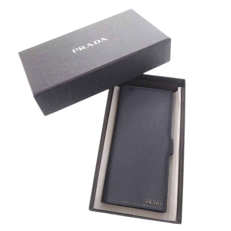 美品 プラダ ロゴ レザー ネイビー 長財布 二つ折り長財布 札入れ 1197【中古】PRADA PRADA（プラダ） 美品 ロゴ レザー ネイビー 長財布 二つ折り長財布