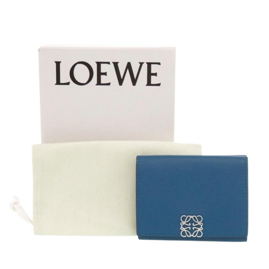 【美品】LOEWE アナグラム トライフォールド ブルー ミニ財布 LOEWE（ロエベ） 美品 アナグラム トライフォールド ウォレット レザー