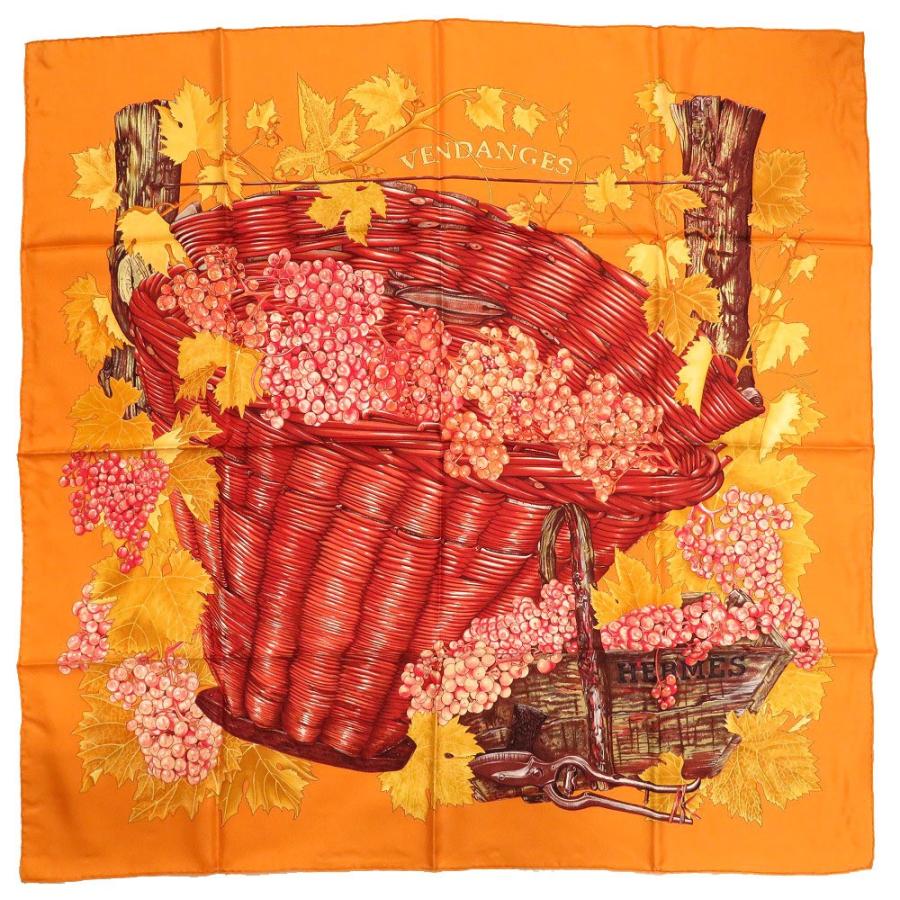 未使用 エルメス カレ90 ぶどうの収穫 Vendanges シルク100 オレンジ スカーフ 0110 Hermes