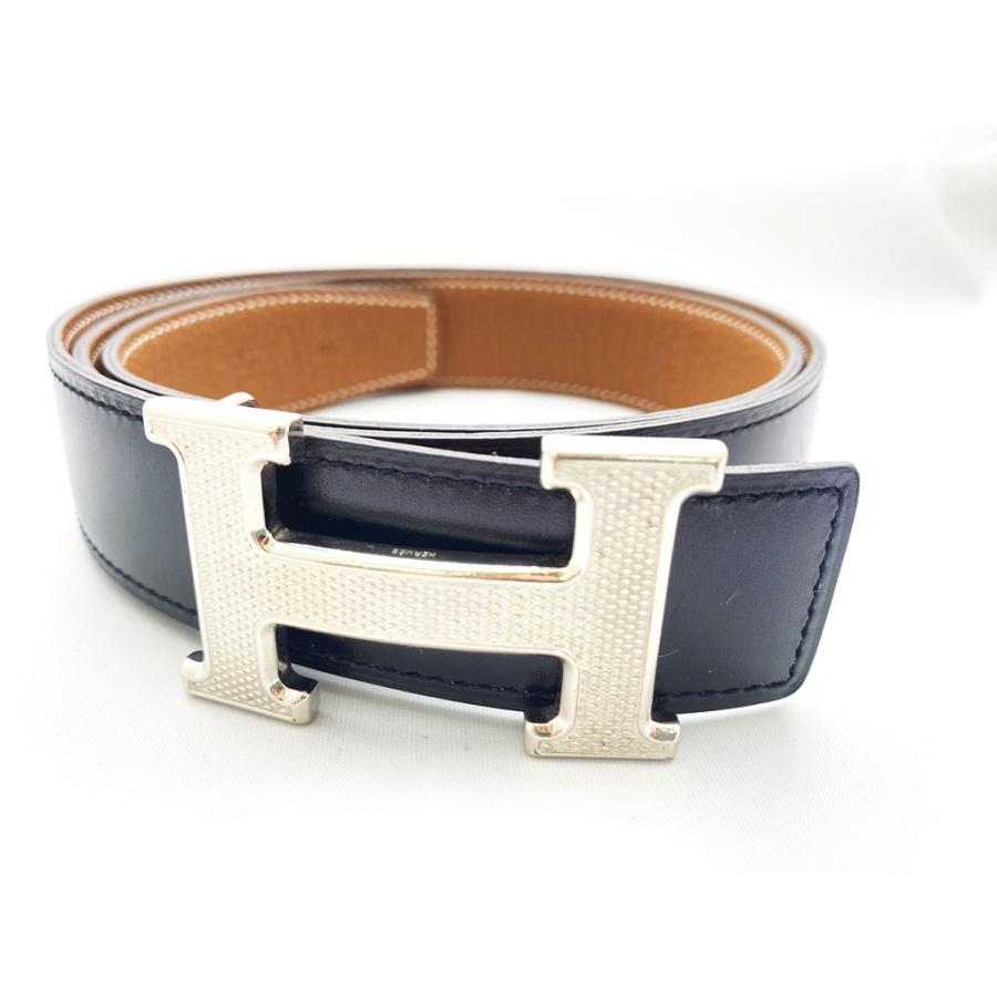 HERMES エルメス Hベルト ブラックxシルバー金具 カーフ □P刻印(2012