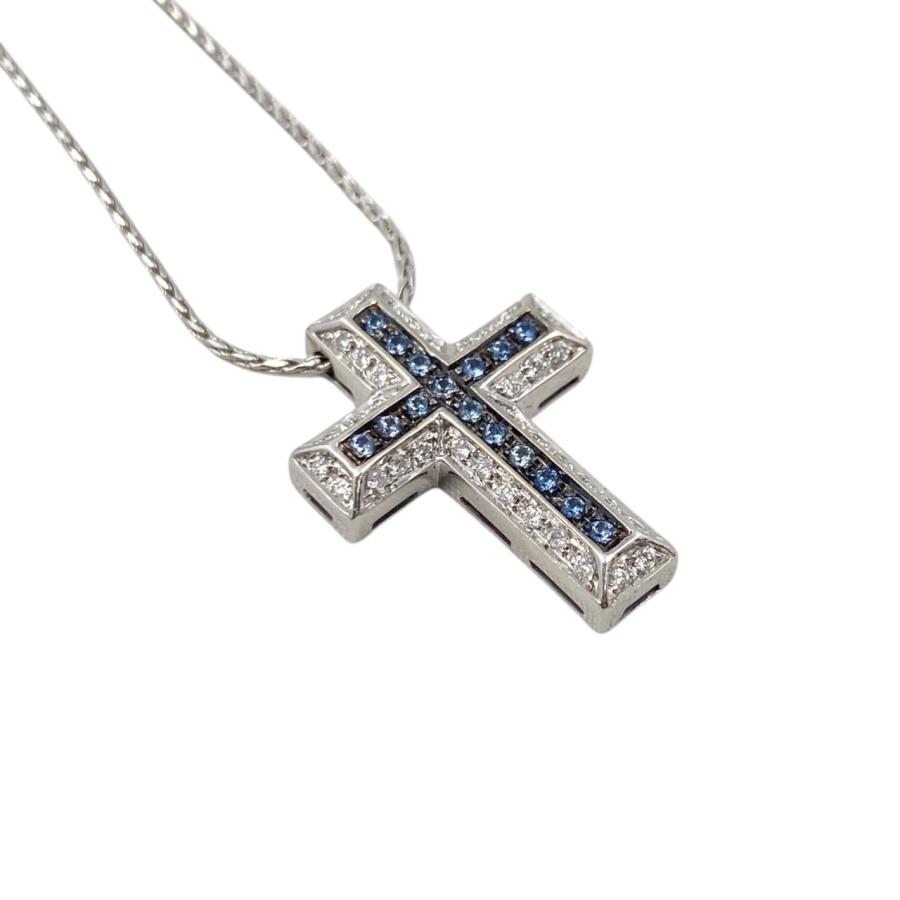 鑑別書付 K18WG 天然ブルーダイヤモンド ダイヤモンド 十字架