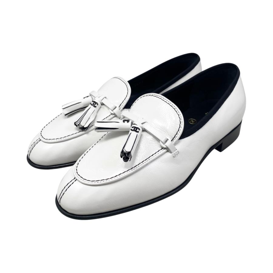 【美品】CHANEL ココマーク ドレスシューズ ローファー ホワイト ブラック CHANEL シャネル ローファー フリンジ モカシン G45405 B15187