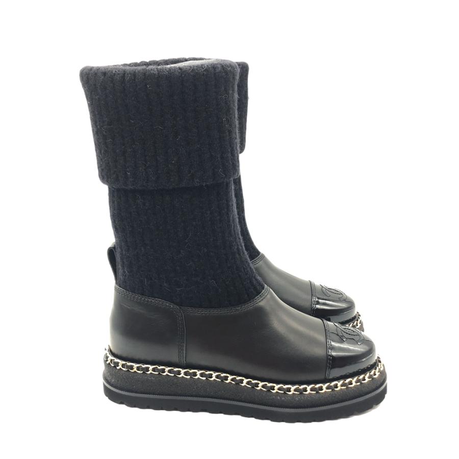 CHANEL シャネル ニットロングブーツ 37サイズ ブラック ゴールド金具