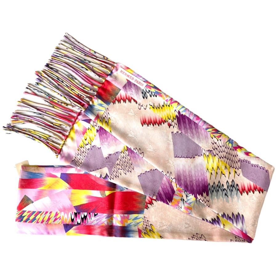 HERMES（エルメス） フリンジスリム マフラー マーブルシルク ピンク