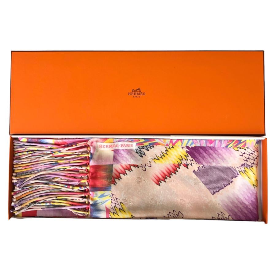 HERMES（エルメス） フリンジスリム マフラー マーブルシルク ピンク