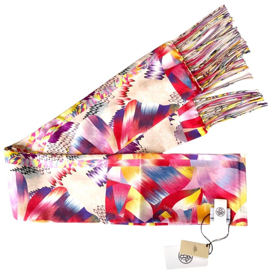 HERMES（エルメス） フリンジスリム マフラー マーブルシルク ピンク