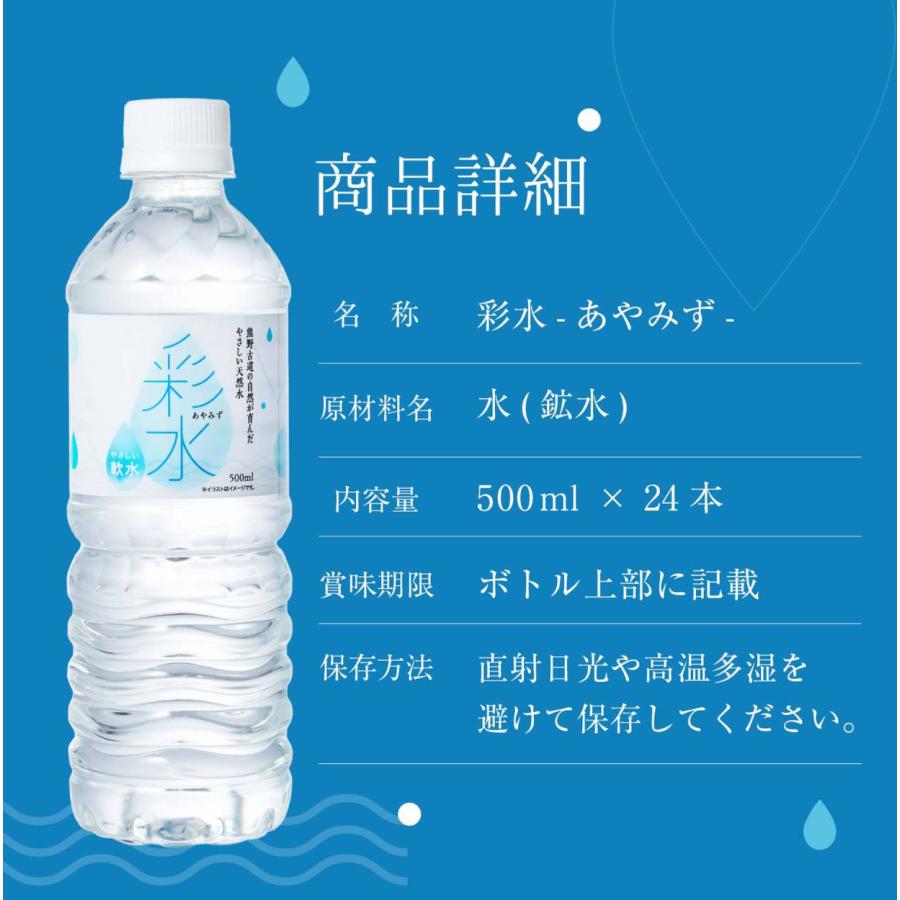 水 ミネラルウォーター 彩水-あやみず- 軟水  500ml×24本 送料無料 国産 天然水 ペットボトル ラベルレス ライフドリンク まとめ買い｜lifedrinkcompany｜10