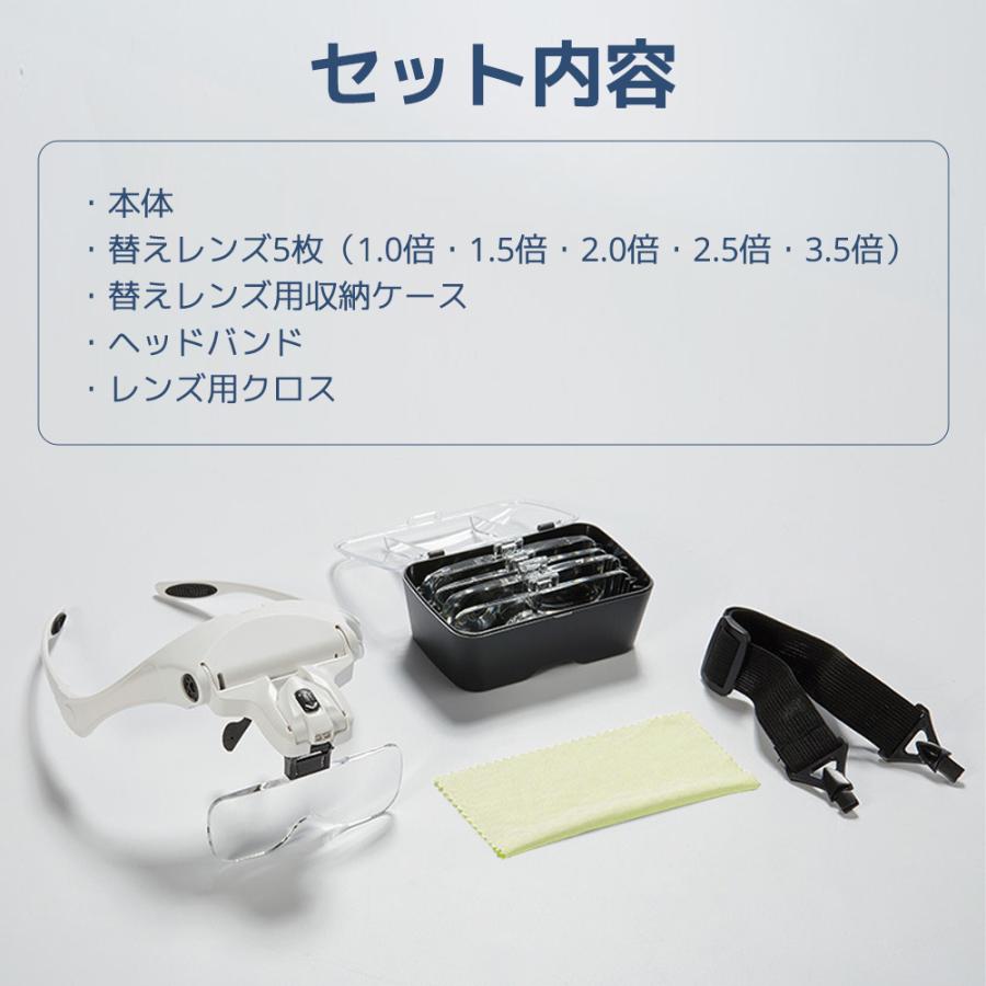 メガネ型ルーペ LEDライト付き 5種類のレンズ 拡大鏡 1倍 1.5倍 2倍 2.5倍 3.5倍 角度調整 ヘッドバンド付き 90日保証｜lifeideas｜08