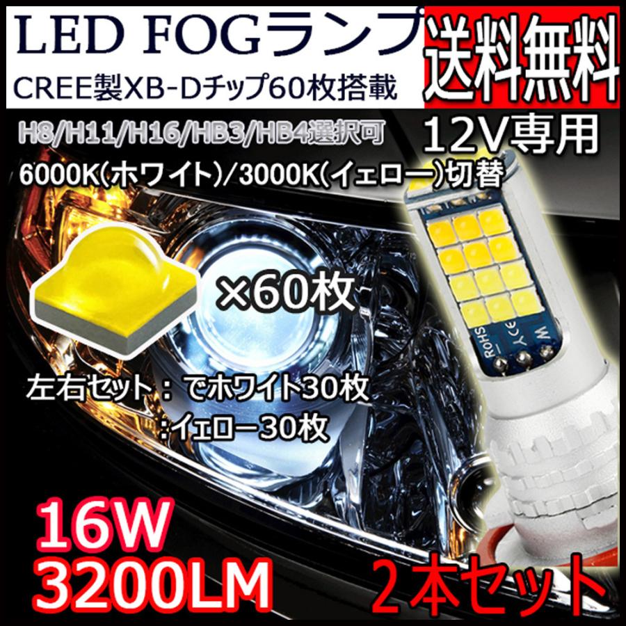 最新 LED フォグランプ H8 H11 H16 HB3 HB4 2色切替 6000K 3000K ホワイト イエロー 16W 3200LM CREE製 XB-Dチップ60枚搭載 2本セット 送料無料｜lifeideas｜02