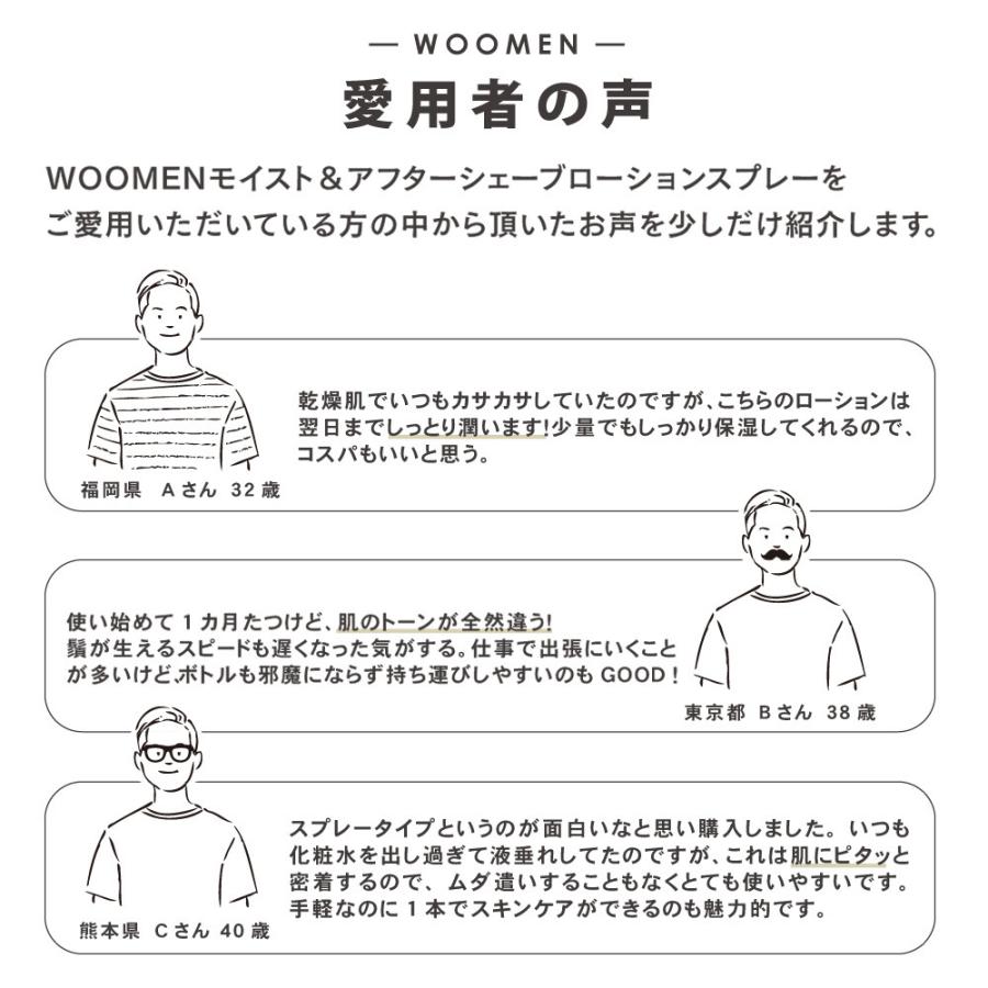 化粧水 メンズコスメ オールインワン ミストスプレー 40代 50代 保湿 WOOMENプレゼント対象 アフターシェーブローション 150ml ウーメン 美容液 敏感肌｜lifeis-y｜16