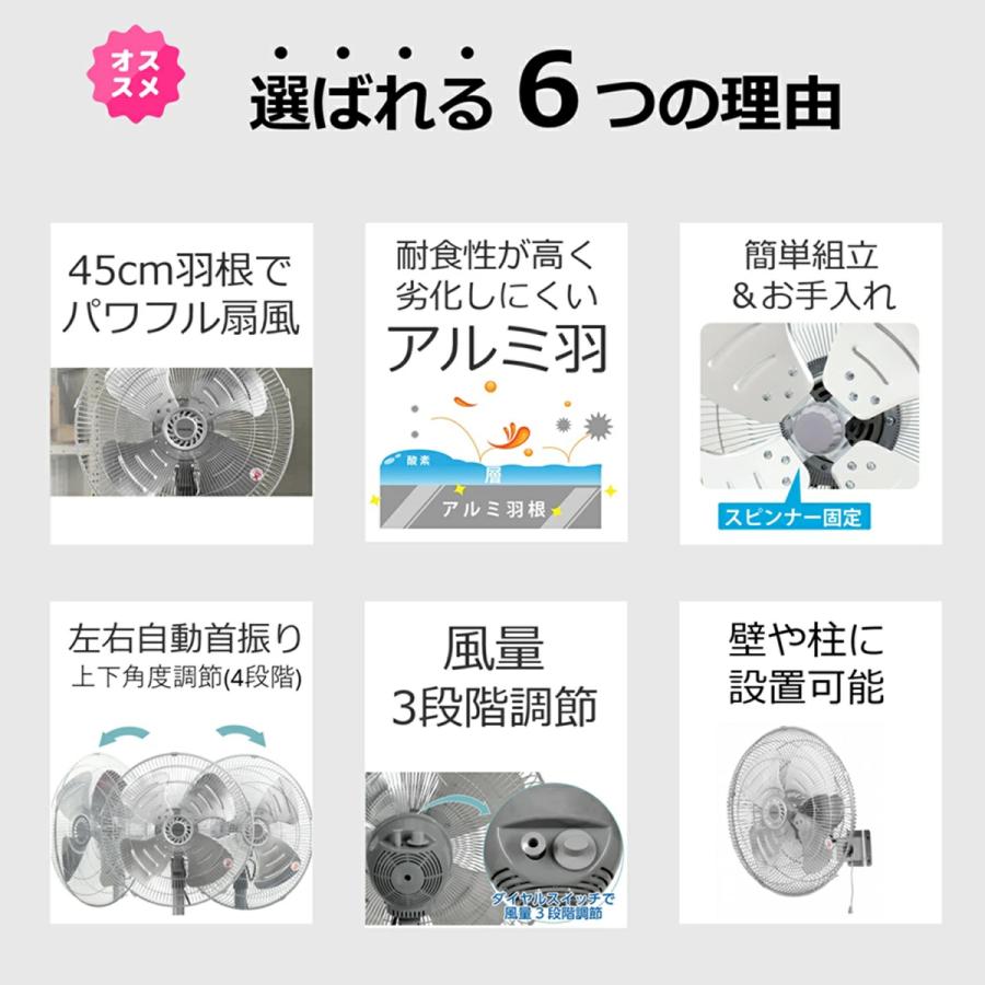 在庫限り］業務用扇風機 45cm 壁掛け型 アルミ羽根 風量3段階 左右自動