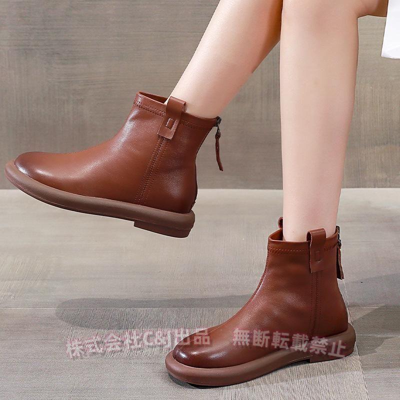 大きいサイズ レディース ショートブーツ 本革 柔らかい フラット ぺたんこ ヒール ファスナー付き おしゃれ カジュアル 黒 レザー S＆L母の日プレゼント 大きいサイズ レディース ショートブーツ 本革 柔らかい フラット