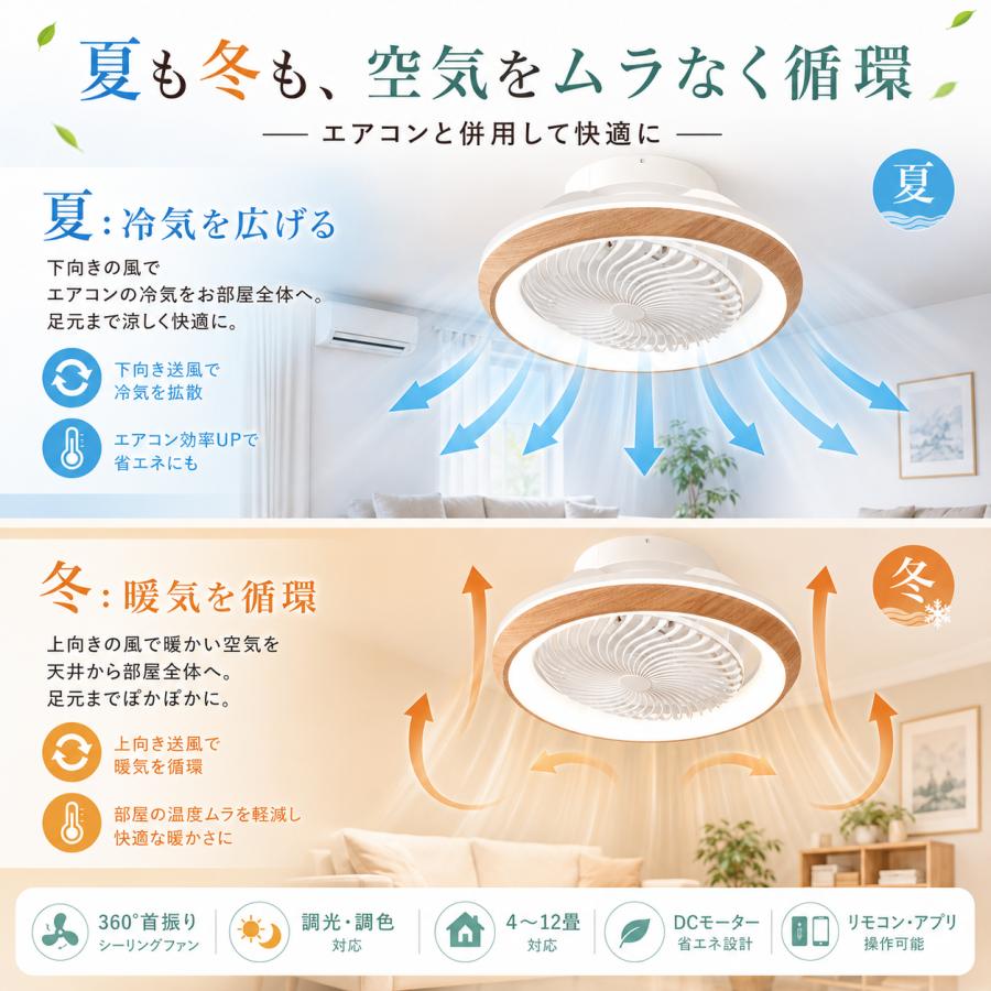LEDシーリングファンライト 360度首振り 薄型 静音 調光調色　6〜12畳 新入荷]シーリングファンライト 360°首振り ファン付き照明 1台2役 DC