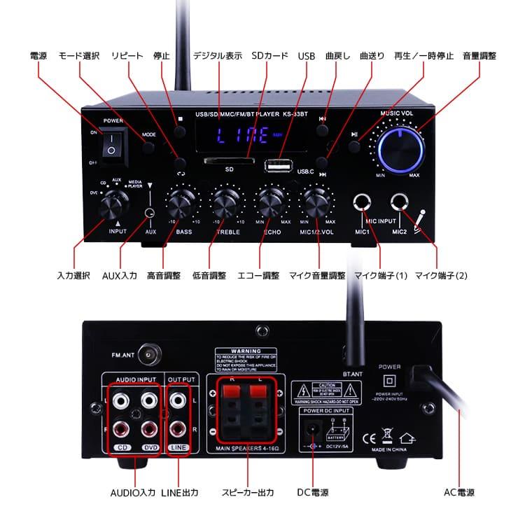 Bluetooth5.0 デジタルオーディオアンプ 60W+60W USBメモリ/SDカード/LINE入力 リモコン付 カラオケ対応 デュアルマイク6.5mm端子 高低音 LP-KS33BT｜lifepowershop｜08