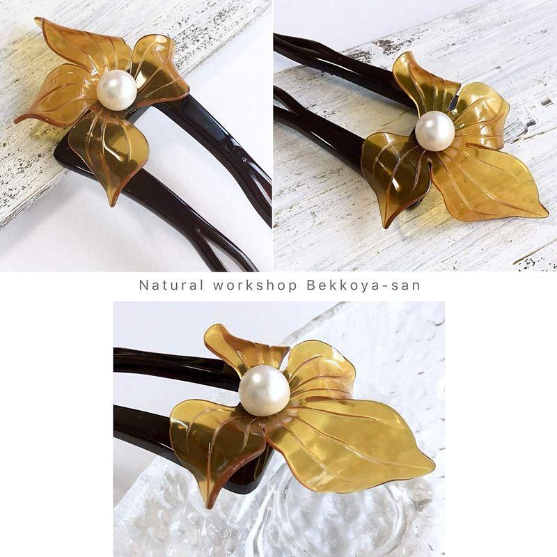 天然工房 べっこう屋さん 本べっ甲 ピン かんざし アシンメトリー 白甲 花 デザイン 淡水 パール 付き 和装 髪飾り (結婚式 留袖 訪 天然工房 訪