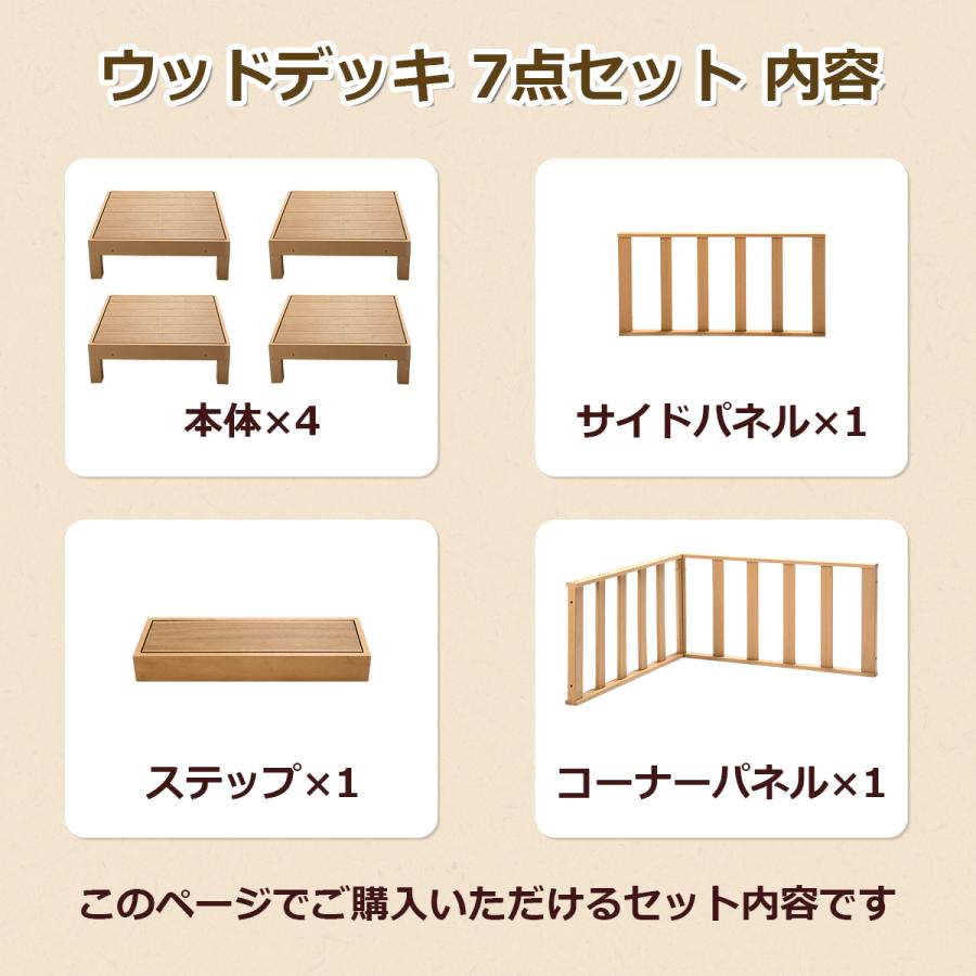 ウッドデッキ 組合せ7点セット 本体4 ステップ1 コーナーパネル1 サイドパネル1 人工木 樹脂 ベランダ 縁側 庭 DIY 組立て 錆びない 腐らないの画像