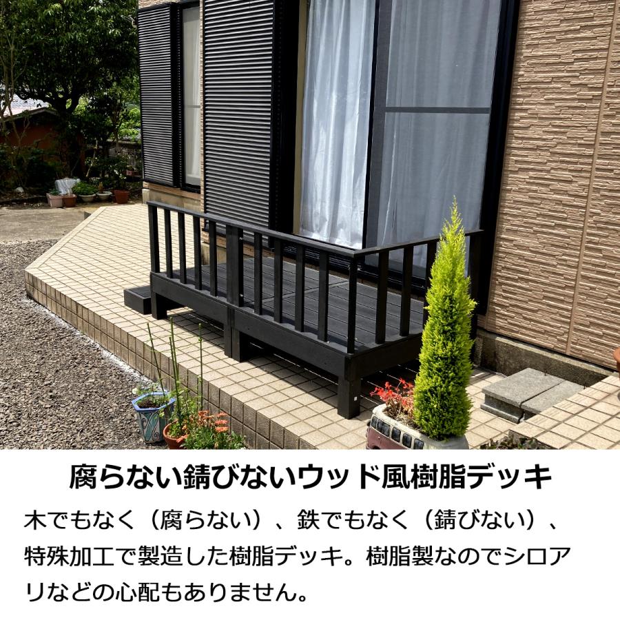 ウッドデッキ 組合せ7点セット 本体4 ステップ1 コーナーパネル1 サイドパネル1 人工木 樹脂 ベランダ 縁側 庭 DIY 組立て 錆びない 腐らないの画像