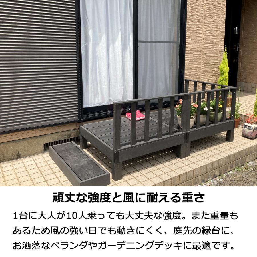 ウッドデッキ 組合せ7点セット 本体4 ステップ1 コーナーパネル1 サイドパネル1 人工木 樹脂 ベランダ 縁側 庭 DIY 組立て 錆びない 腐らないの画像