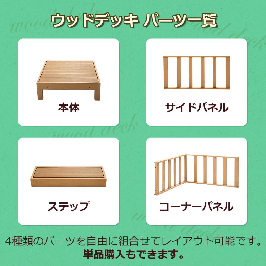 ウッドデッキ 組合せ7点セット 本体4 ステップ1 コーナーパネル1 サイドパネル1 人工木 樹脂 ベランダ 縁側 庭 DIY 組立て 錆びない 腐らないの画像
