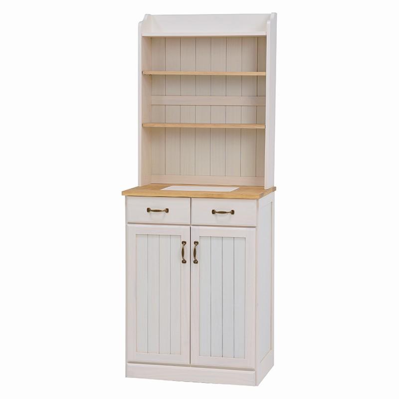 棚の高さが変えられる!上はオープン棚、下は扉付きで隠して収納。アンティーク調の取っ手が付いたナチュラルなキッチン収納棚