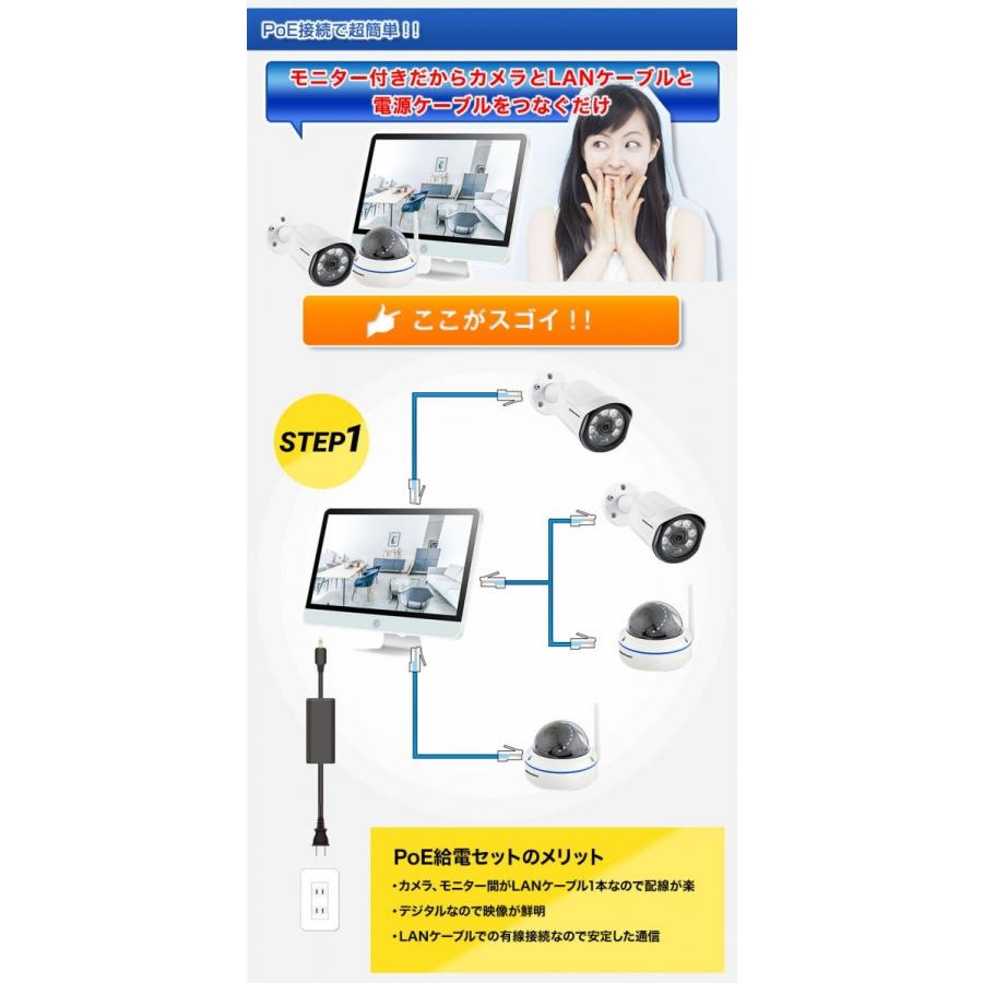 防犯カメラ PoE 給電 IPカメラ 4台セット モニター付き カメラ用 防犯カメラ PoE 給電 IPカメラ 4台セット モニター付き カメラ用
