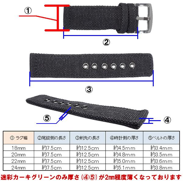 時計ベルト 厚手 キャンバス地 18mm 20mm 22mm 24mm メンズ レディース