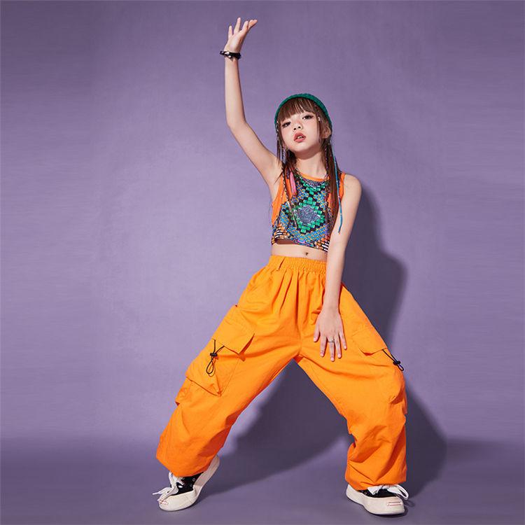 ガールズ ジャズ ダンス衣装 へそ出し タンクトップ オレンジ カーゴパンツ キッズ 女の子 セットアップ ダンス衣装 ヒップホップ 韓国 k-pop ジャズ 長パンツ｜lifeutility｜05