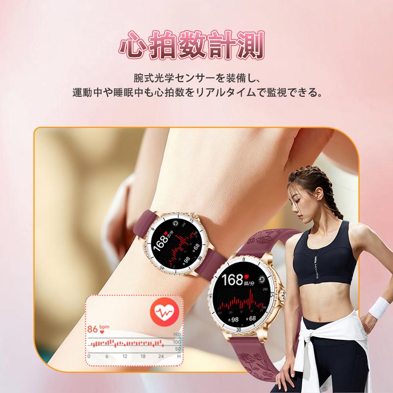 スマートウォッチ 女性 血圧測定 心拍数 血中酸素 睡眠検測 通話機能 着信通知 女性生理管理 音楽・カメラ制御 天気予報 長座注意 レディース 2026最新型の画像