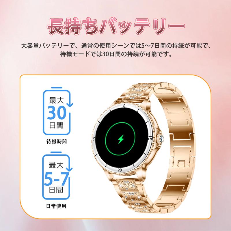 スマートウォッチ 女性 血圧測定 心拍数 血中酸素 睡眠検測 通話機能 着信通知 女性生理管理 音楽・カメラ制御 天気予報 長座注意 レディース 2026最新型の画像