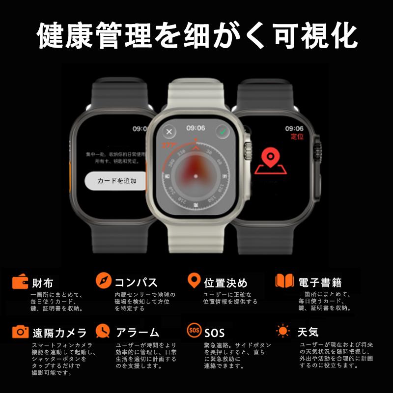 新登場2.04 インチ大画面スマートウォッチ 血中酸素 / 睡眠モニター 24 時間健康管理 SOS 緊急通話 多運動モード アップルウォッチ風デザインの画像