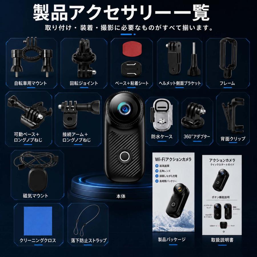 アクションカメラ WiFi 搭載 磁気吸着＆クリップ式 一人称視点 EIS